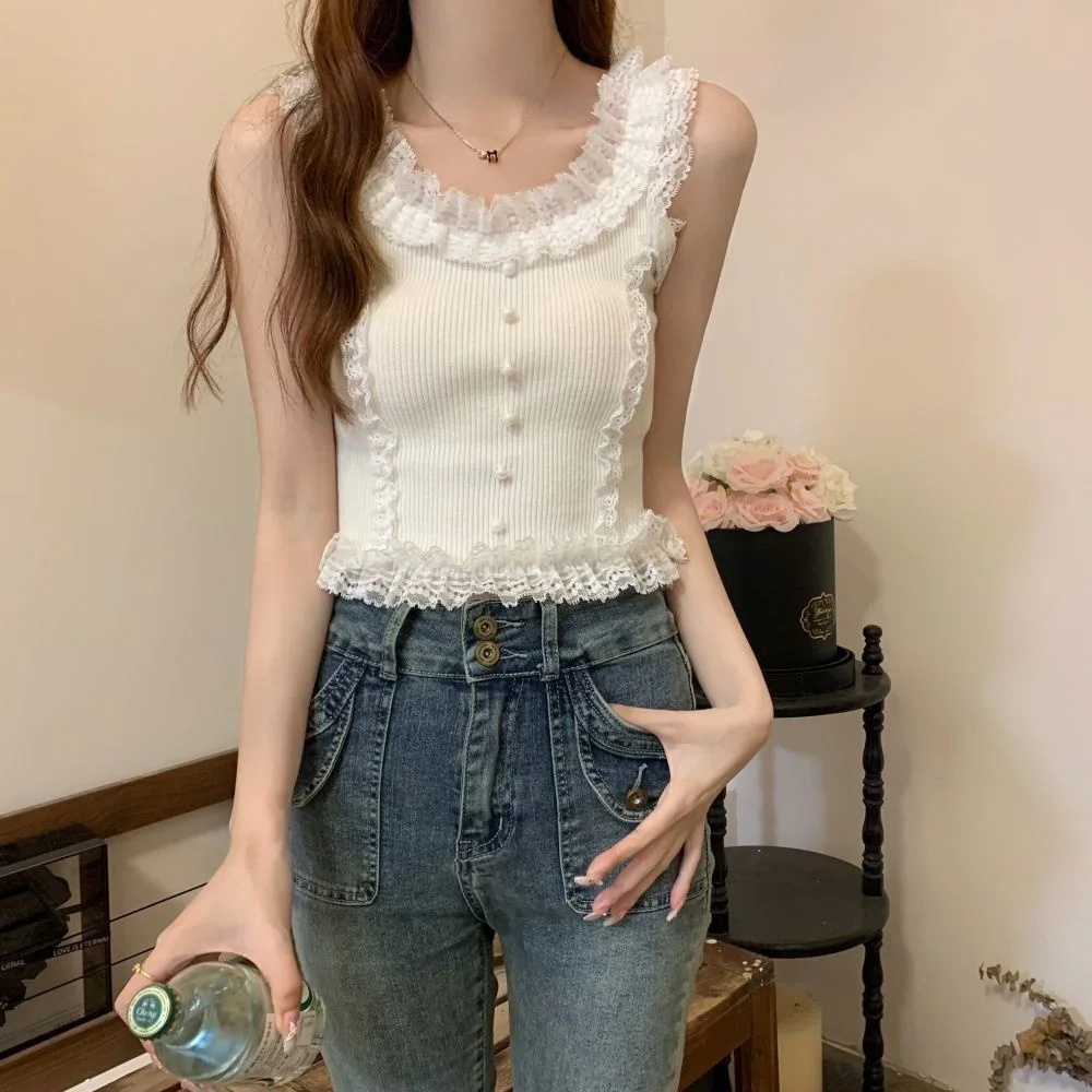 Rib Knit Tank Top with Ruffle Lace Trim Button Front Sleeveless Knit Crop VestCoquette Y2K Fairycore Outfit