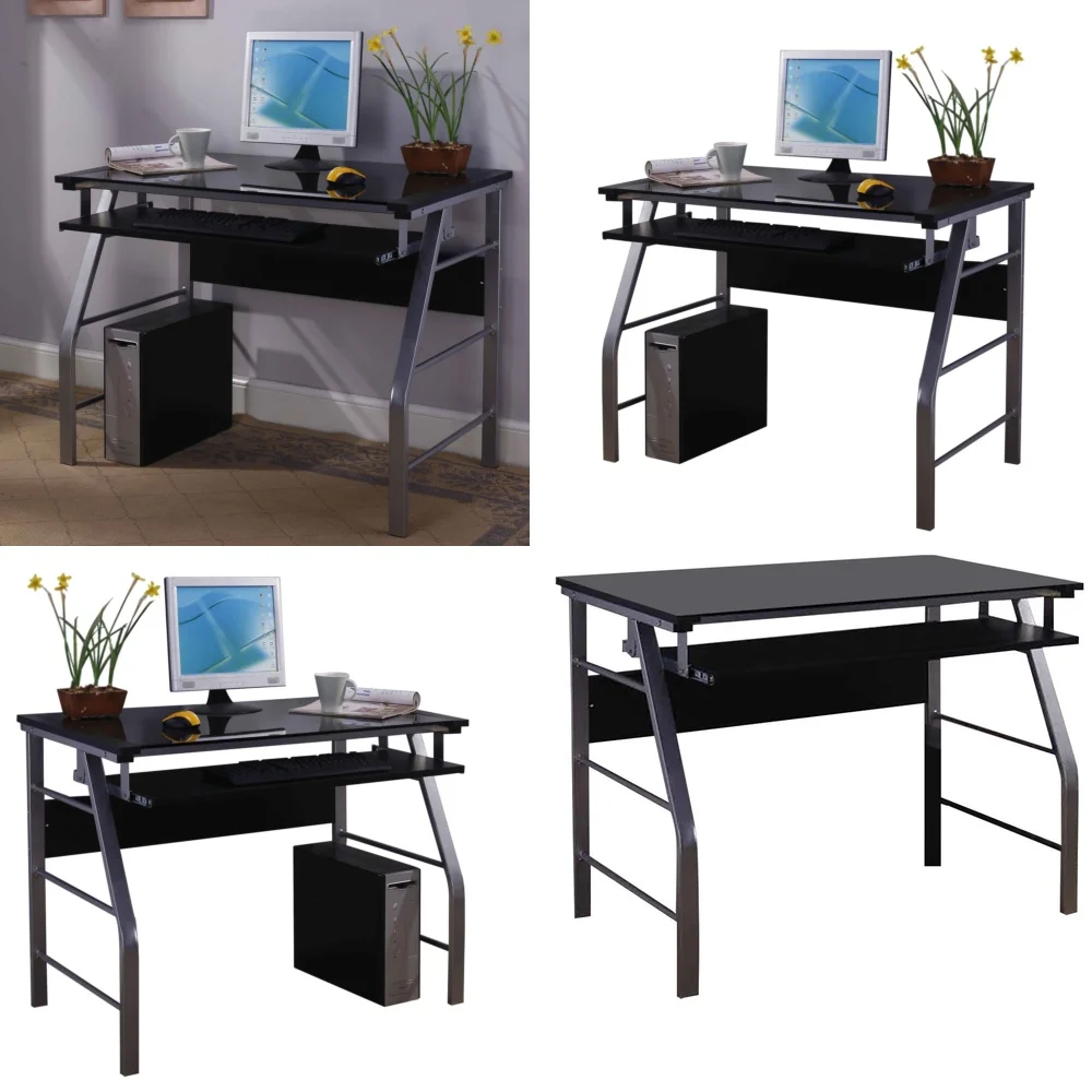 

Computer DesksModern Metal Glass Computer Desk with Keyboard Tray for Home Office