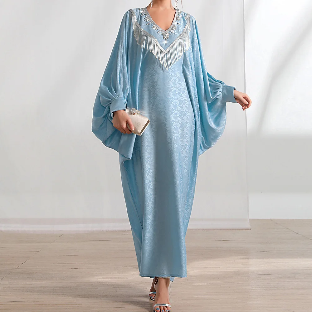 Light Blue Handmade Tassel Shirt Robe With Sleeves Women Long Dress Robe