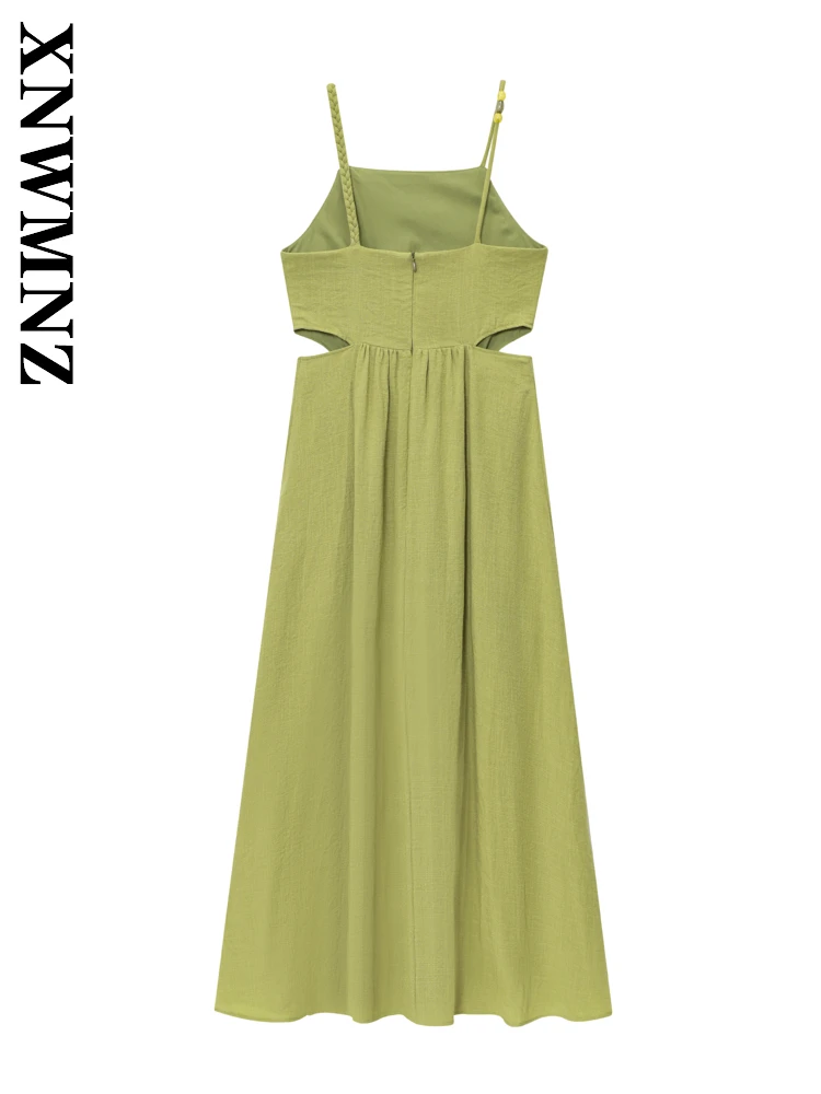 XNWMNZ 2025, Sommer-Frau, schlicht, modisch, dünner Schultergurt, Midikleid, schick, Urlaub, Damenbekleidung, grün, sexy, rückenfreie Kleider
