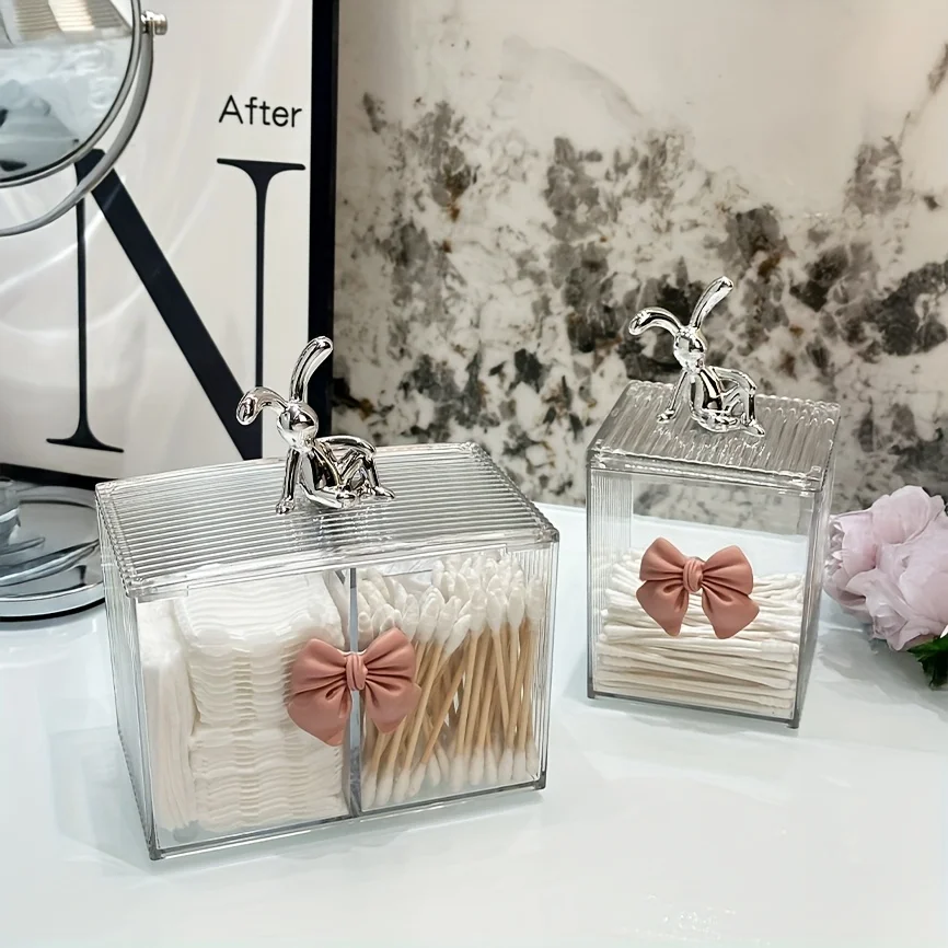 Boîte de rangement transparente pour maquillage avec couvercle en forme de nœud de lapin, organisateur élégant pour les cotons-tiges, les tampons de maquillage, la décoration de la salle de bain, cadeau idéal pour les fêtes