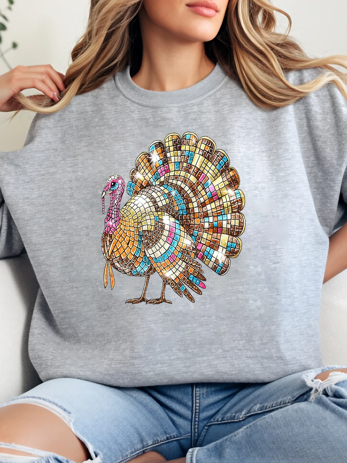 فسيفساء تركيا طباعة الشكر Crewneck البلوز المرأة عادية الخريف الشتاء رمادي حجم كبير #1