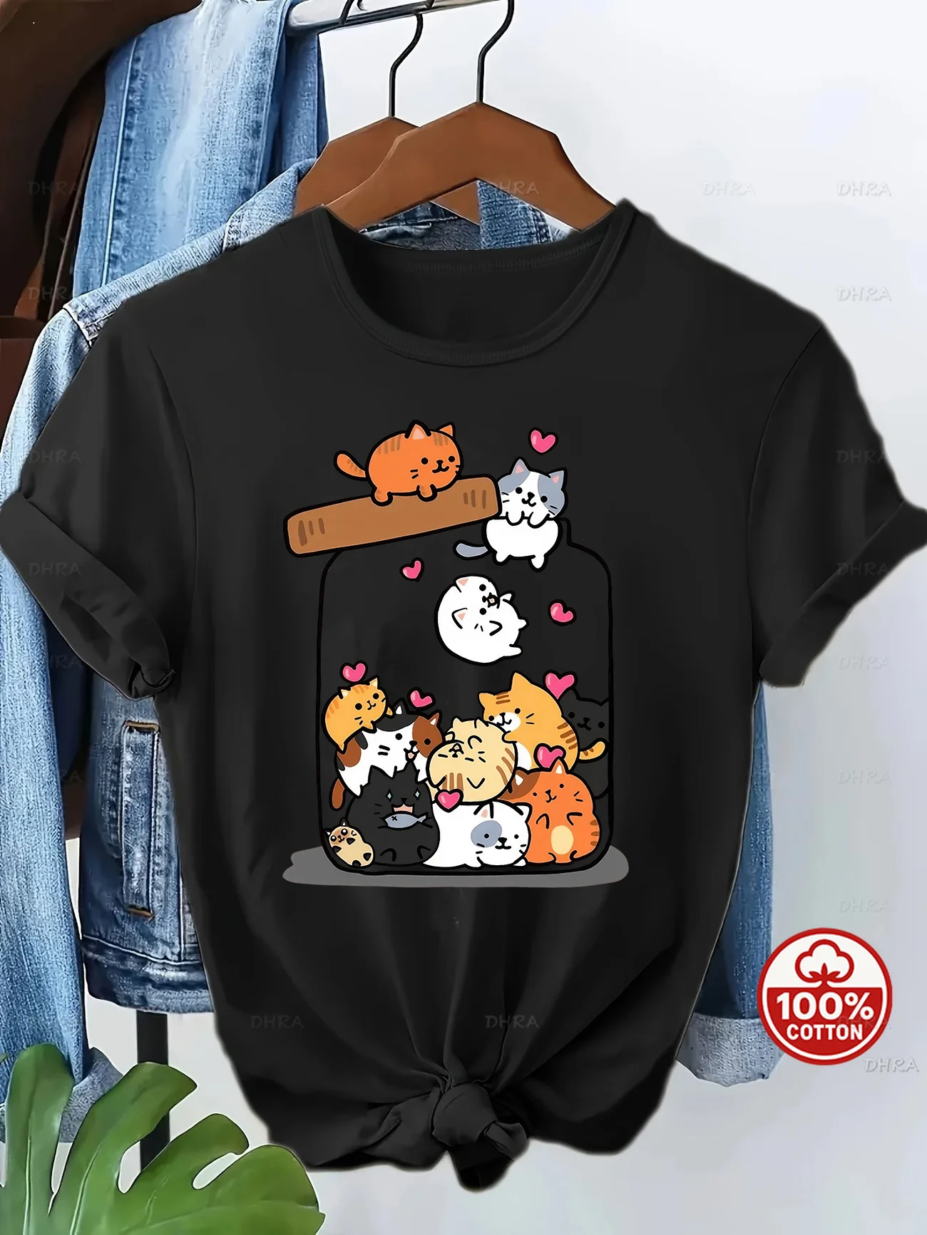 Oversized Cotton T-Shirt for Women, Funny Kittens Graphic Print Basic Crewneck Clothes, Soft Breathable Drop Shoulder Tee