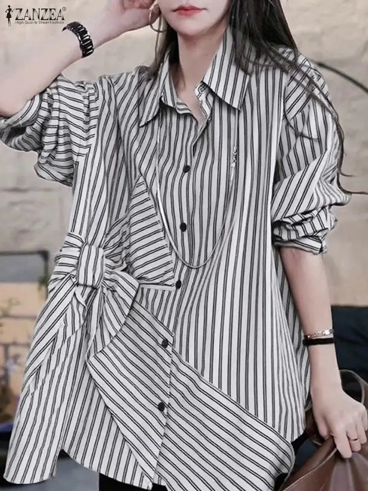 

ZANZEA Fashion Women Tops Long Sleeve Striped Blouse Bow Elegant Office Lady Tops Buttons Casual Streetwear Loose Blusas Femme