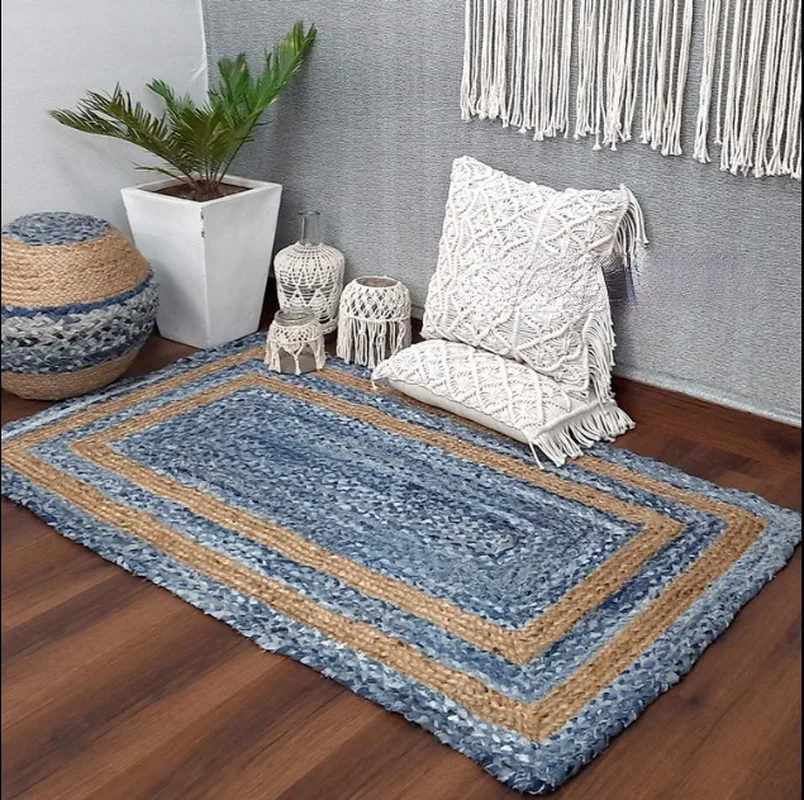 

Jute Rug Natural Denim Braided Style Rug Reversible Modern Rustic Look Carpet Carpets for Bed Room Large Rug for Living Room