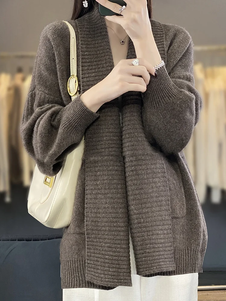 

Шикарная женская одежда, осенне-зимний кардиган с рукавами-фонариками, трикотаж из 100% мериносовой шерсти, повседневный свитер Grace, офисное женское пальто