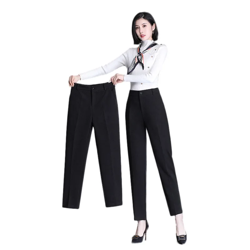 กางเกงขายาวทรงตรงเอวสูงสำหรับผู้หญิง รุ่น PT-593 ผ้าขนเป็ดขาว 90% สีดำ เหมาะสำหรับใส่ทำงาน