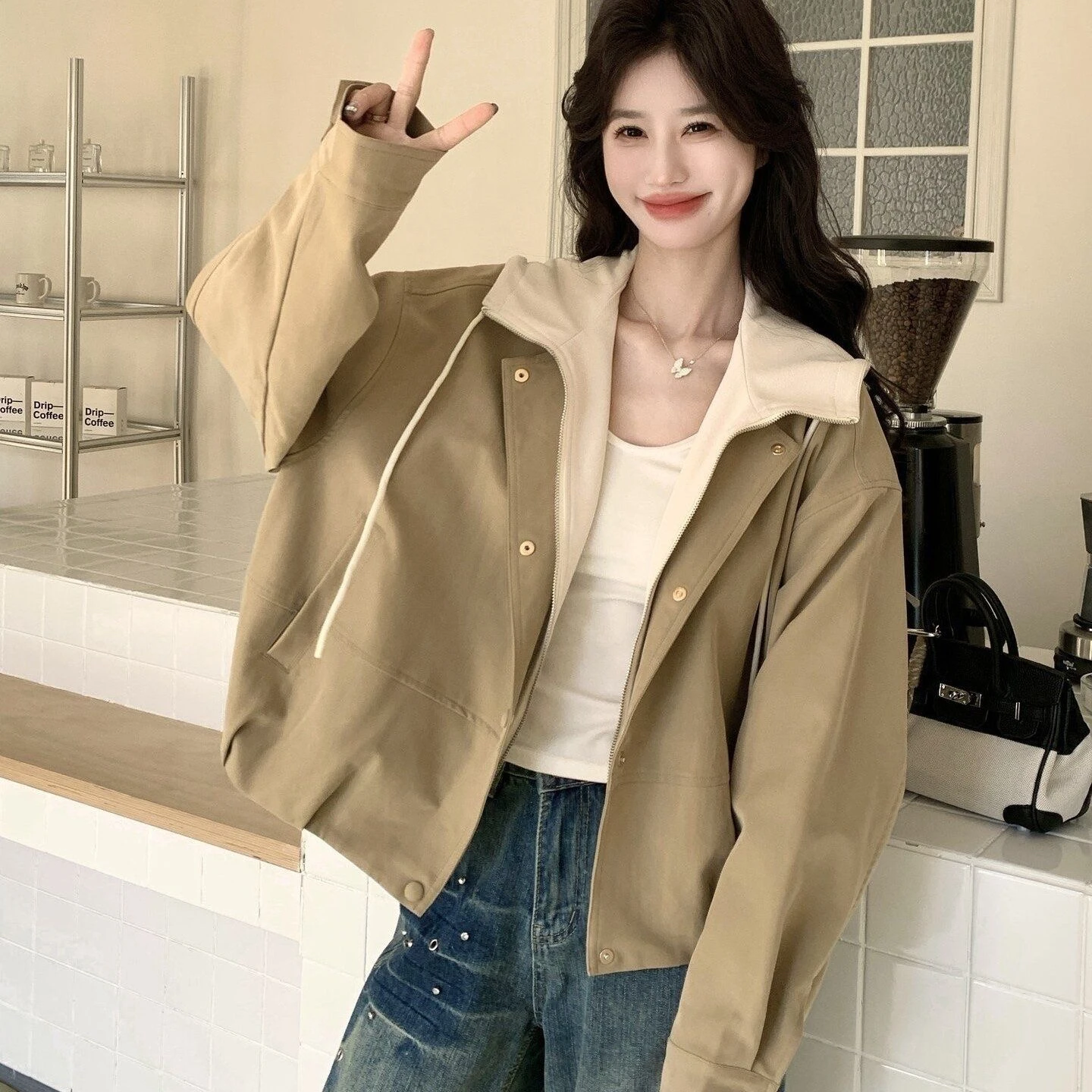 Khaki Short Hooded Casual Women's Jacket Fake Two-Piece Spring Autumn New Style Lazy Fashion Small Size Versatile Coat