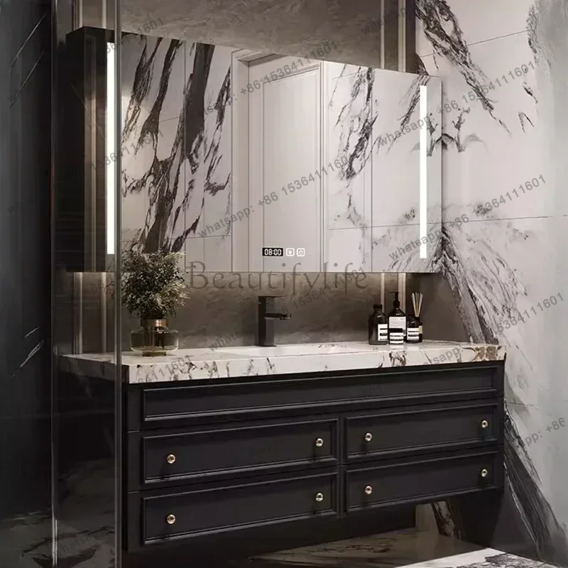 American Luxury Bathroom Cabinet Vanity Combo Solid Wood Rock Wash Basin Large Capacity Storage Vanity Combo