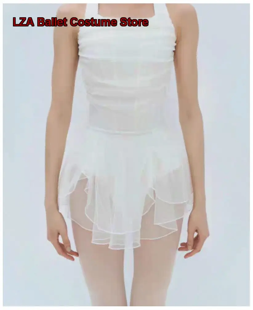Women's Adult Dance Leotard Mesh Ruffled Halter Neck One-Piece Practice Leotard