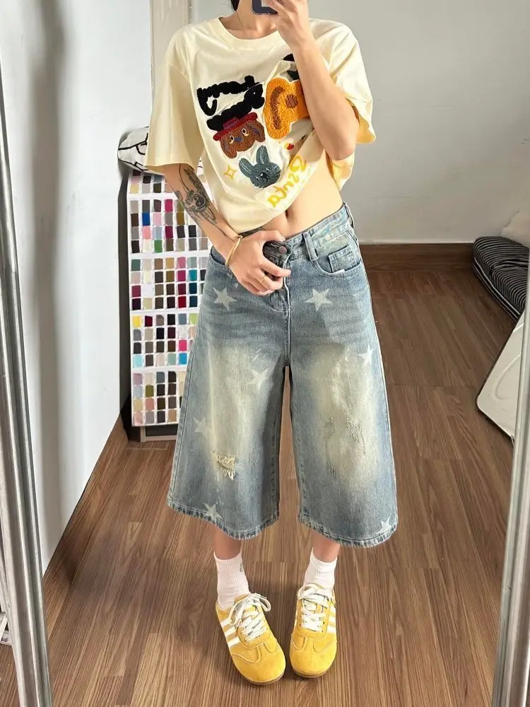 Summer Women's Vintage Star Print Holes Denim Shorts Y2k Cool Girl Wide Leg Hot Pants Female Fashion Knee Length Trousers