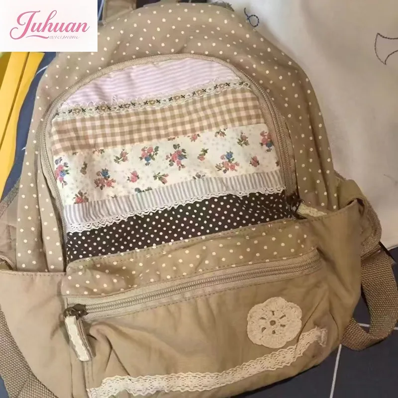 Japanese Vintage Y2k Aesthetic Backpack Sweet Cute Flower Print Schoolbags Women Patchwork Striped Plaid Backpacks for Students