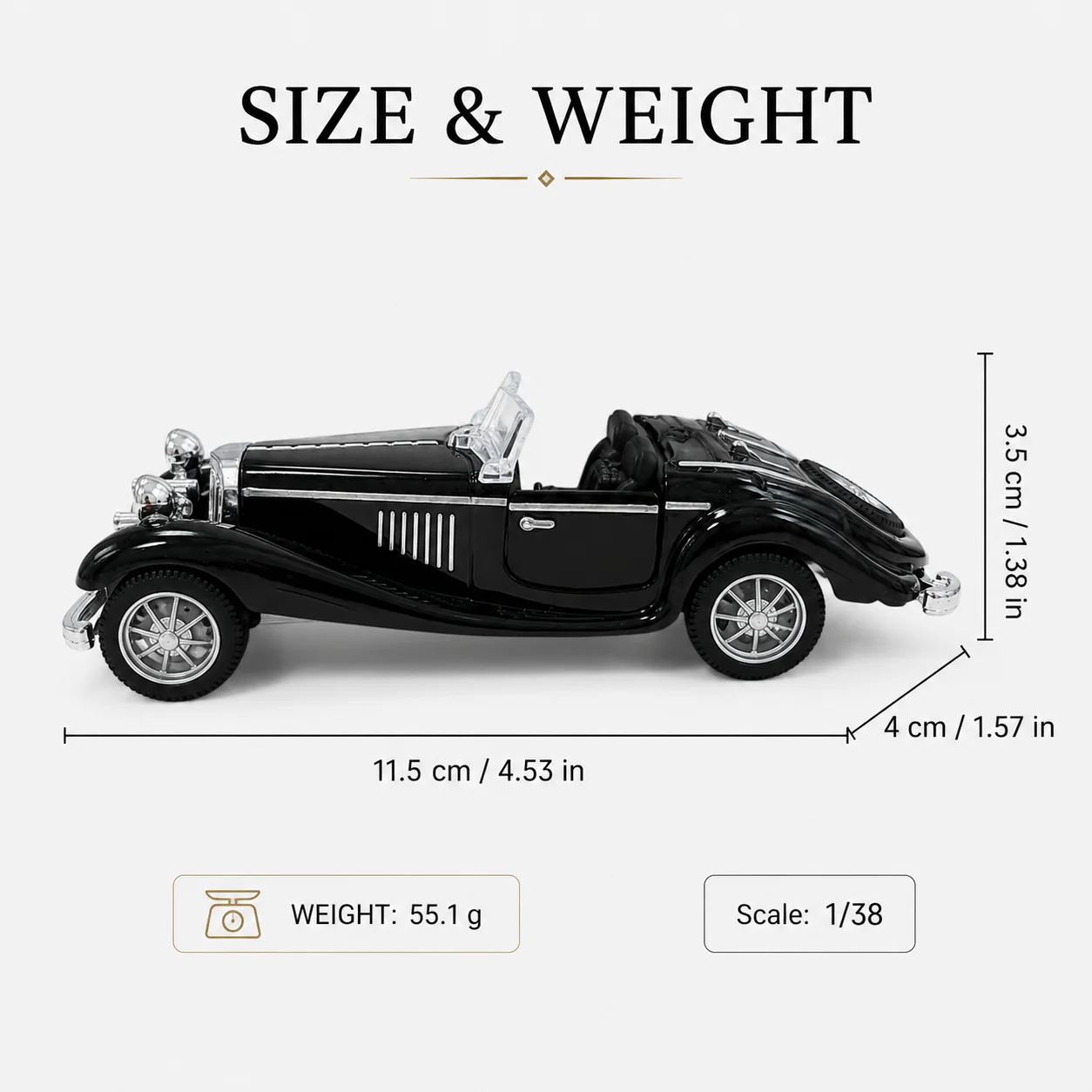 (Corrugated Box) 1/38 Scale, Vintage Convertible Roadster Style Toy Car, Powerful Spring, Metal Casting, Boy's Toy, Best Gifts