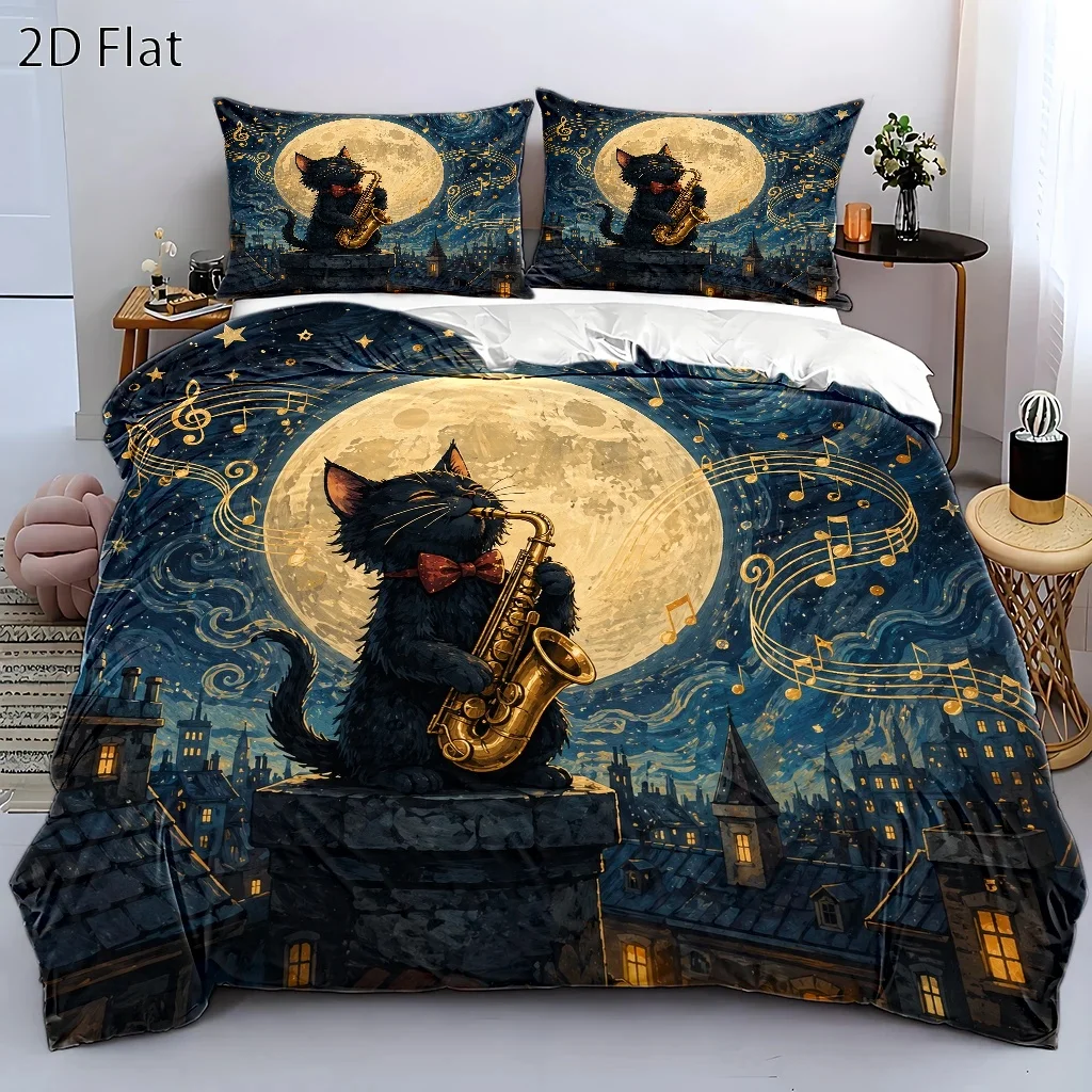 3Pc Starry Night Black Cat Saxophone Duvet Cover Set, Three-Piece Bedding Set (1*Duvet Cover + 2*Pillowcases), Suitable for All Seasons, Machine Washable, Invisible Zipper, Universal for Home, Dormitory, Master Bedroom, Guest Room, Large Double Bed Cover, Van Gogh Style Artistic Print Bedding Set, Dreamy City Rooftop Cat Performance Theme Bedding, Skin-Friendly Brushed Fabric Three-Piece Bedding Set