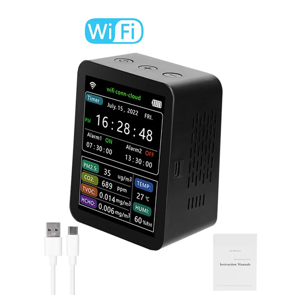 1set Air Quality Monitor With Cable PM2.5 Temperature Humidity 6-in-1 Detector For Tuya WiFi Air Quality Detector Tools