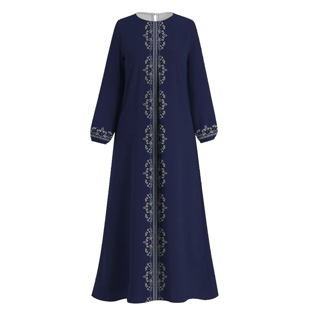 Modest Islam Muslim Black Abaya Women Ethnic Print Long Sleeves Abaya O-Neck Muslim Dress Femme Dubai Turkey Caftan Arabia Robe