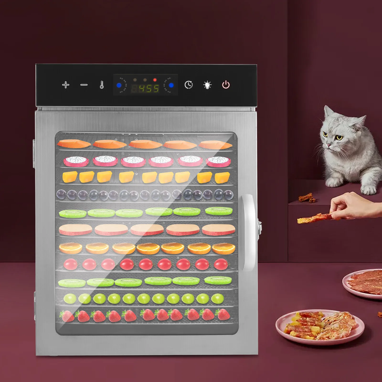 مجفف طعام تجاري بقدرة 650 وات و12 صينية مع شاشة لمس وLED - مجفف لحم من الفولاذ المقاوم للصدأ بقابس أمريكي 110 فولت