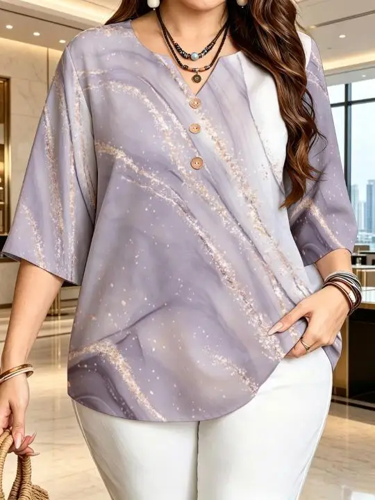 Marble Swirl Print Plus Size Blouses Notch Split V Neck Wooden Buttons Three Quarter Sleeve Loose Tops For Curvy Women