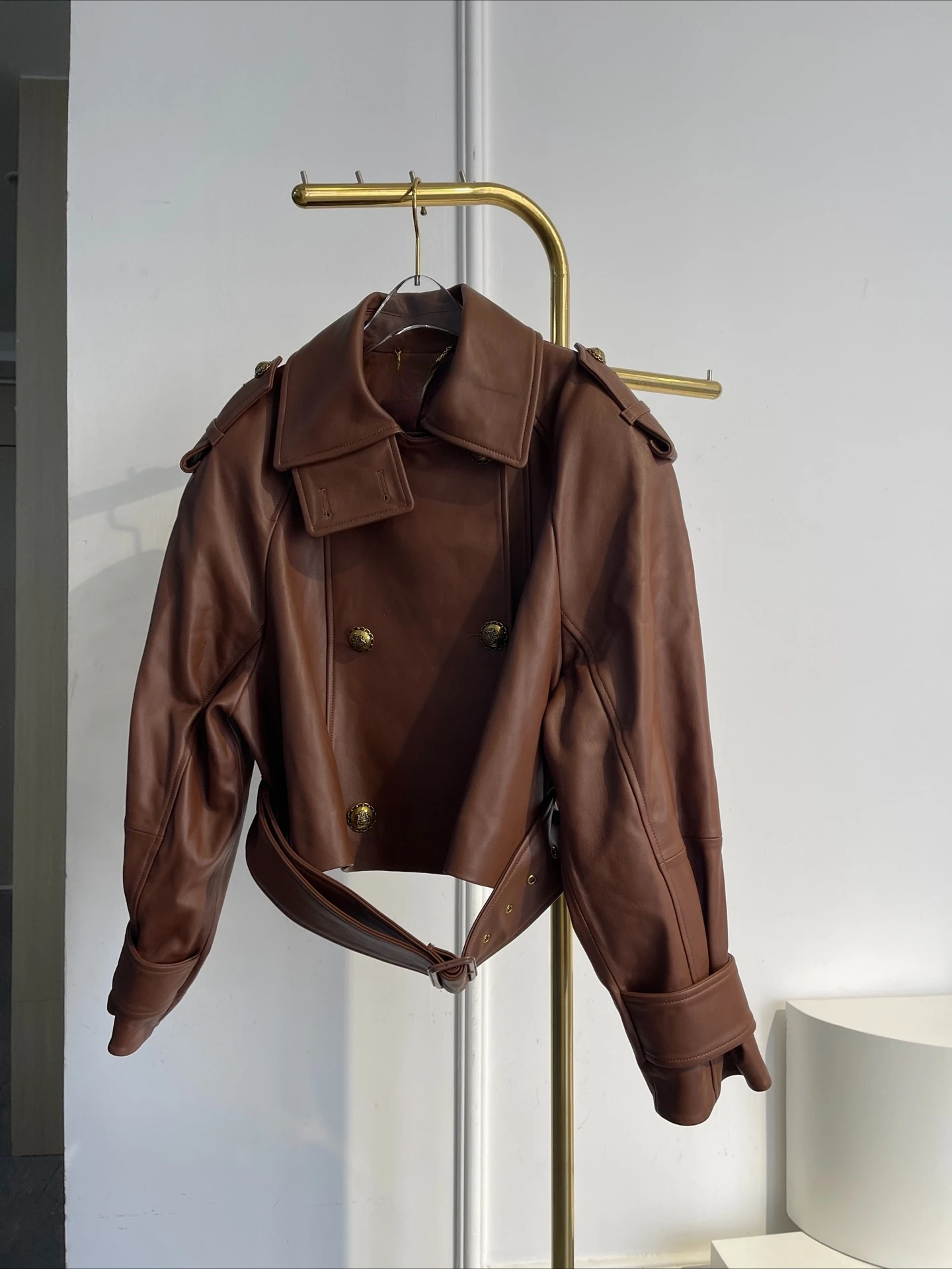 

Brown Long Sleeve Leather Lapel Jacket Tops 2025 New Silk