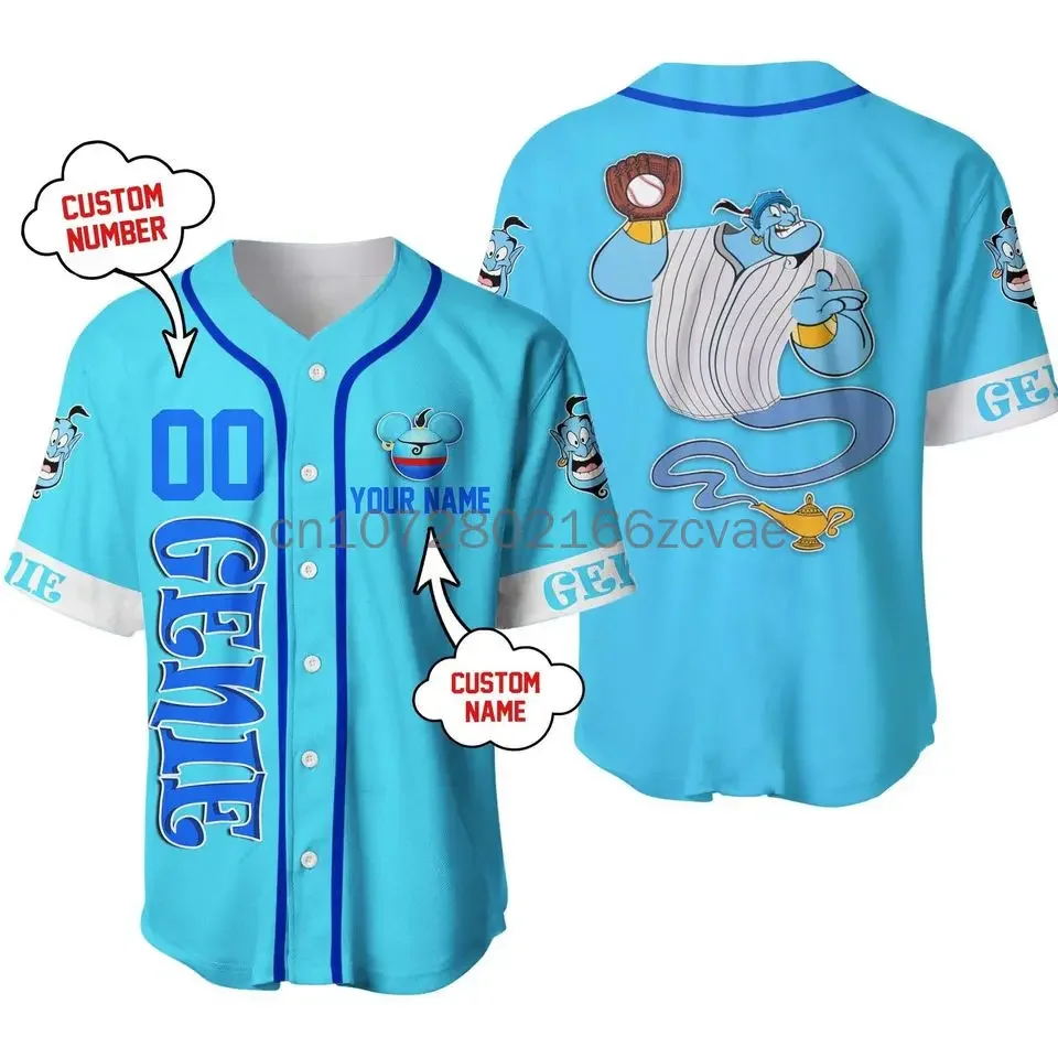 2024 Disney Genie Aladdin Baseball Jersey 3D Printing Casual Fashion Button Customized Baseball Suit Men's and Women's T-Shirt