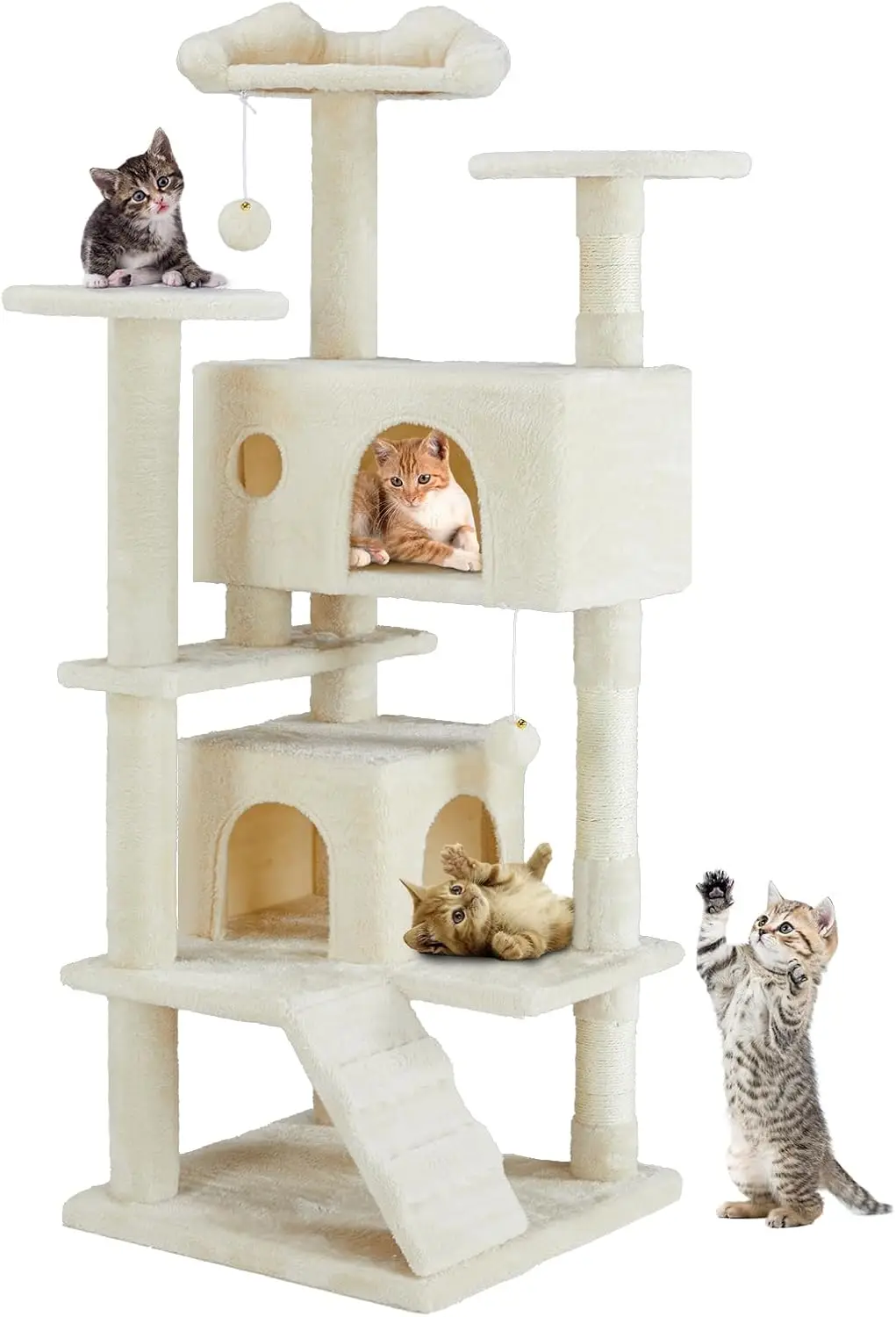 

54-inch Indoor Cat Tree Tower –Multi-Level Pet House for Large Cats with 2 Condos, Scratching Posts, Round Platform, Sm