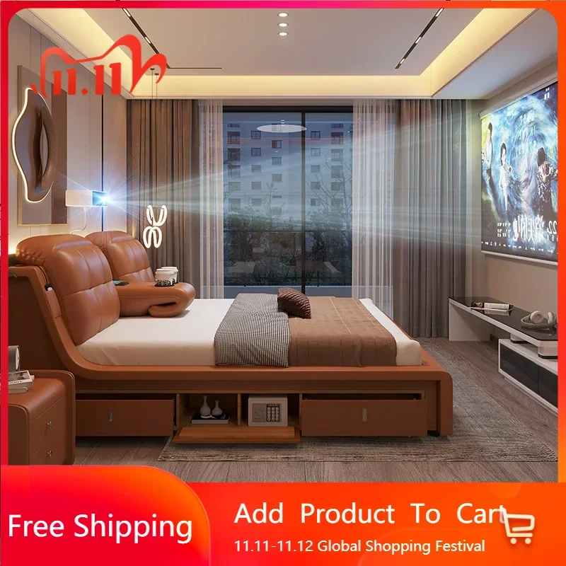 

European Leather Luxury Double Bed Modern Storage Adults Multifunctional Smart Bed Loft Queen Luxury Muebles Room Furniture