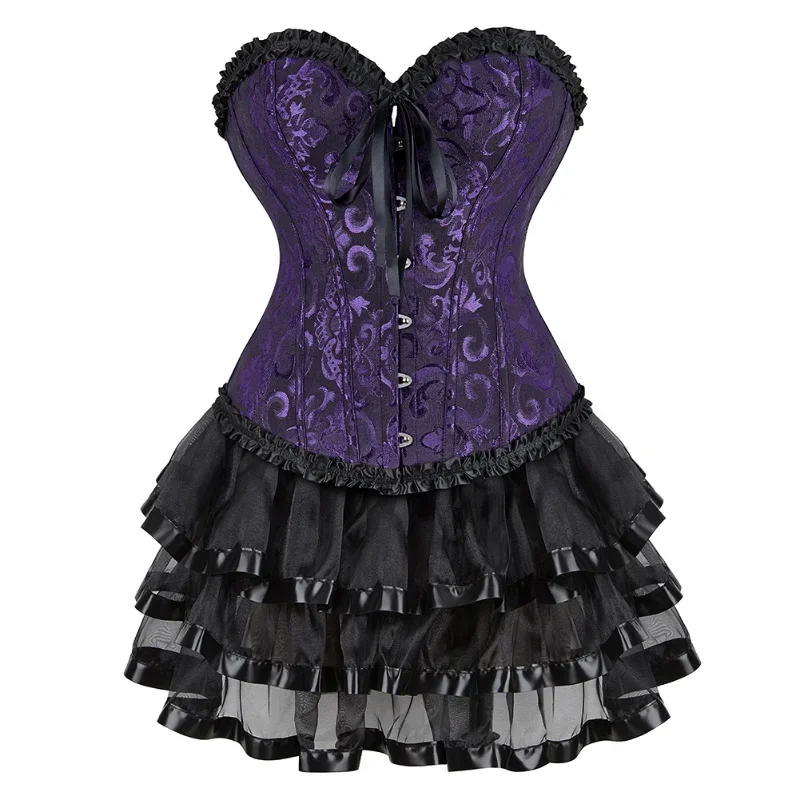 Women Corset Dress Vintage Lace Up Overbust with Mini Tutu Skirt Burlesque Costume Plus Size S-6XL image 6