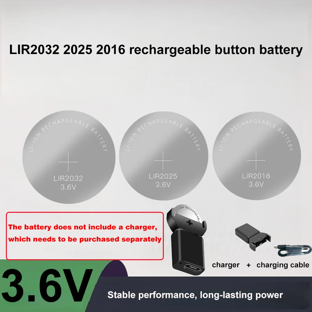 Nueva Batería Recargable de Litio Tipo C LIR2032 LIR1632 LIR2025 LIR2016 LIR2032H de Larga Duración y Cargador, Tipo Botón