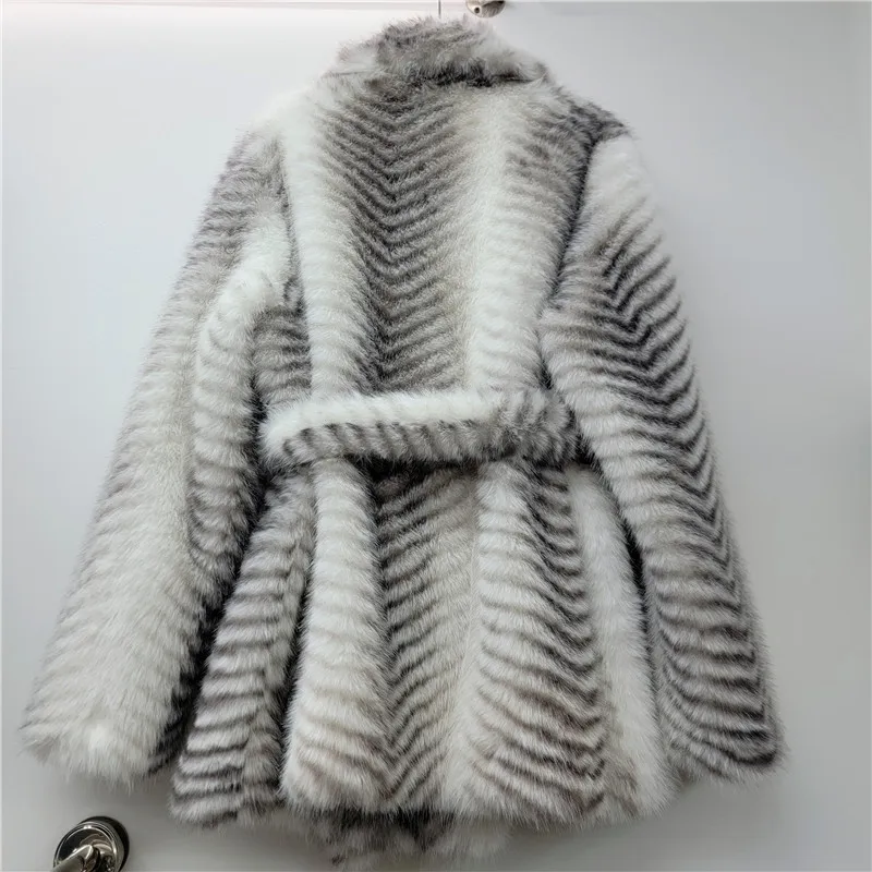 Women Gradient Striped Faux Fur Jacket 2026 Winter Fashion Long Sleeve Mid-Length Fluffy Outerwear with Belt Female Warm Coat