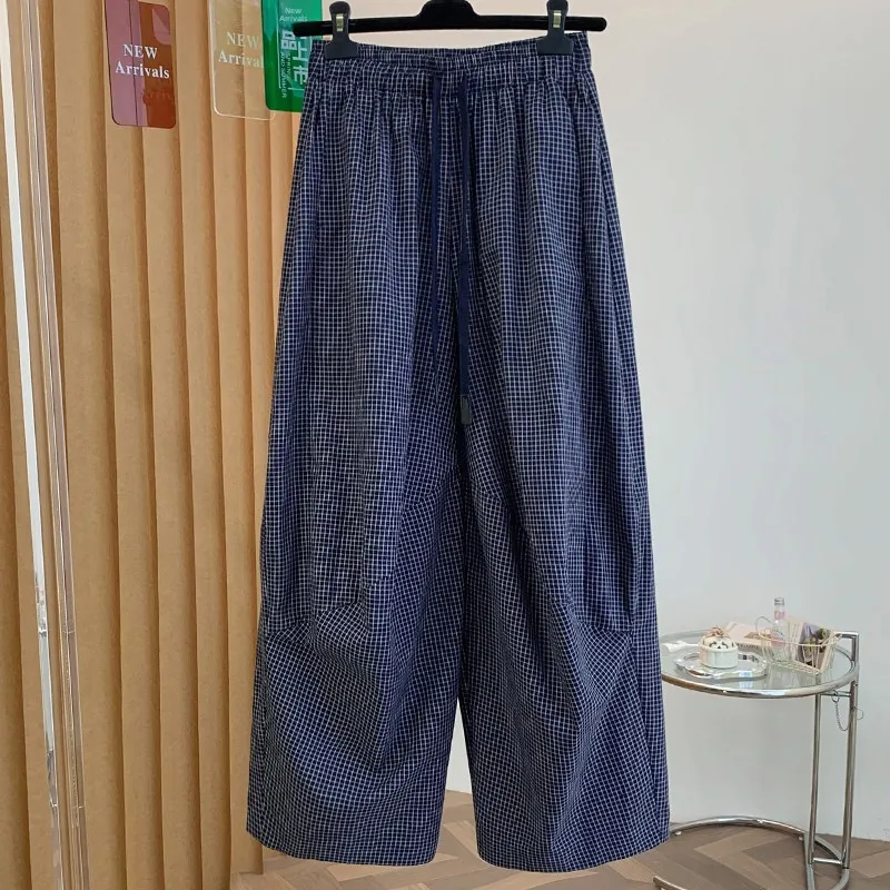 Comfortable Wide Leg Casual Pants Women's Fashion Retro Small Check Loose Fit Spring Summer Thin Acetate Fiber Straight Cut