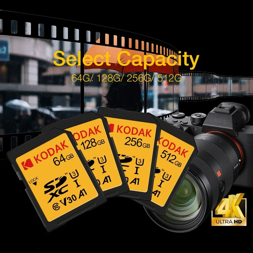 KODAK-Carte SD V30 pour appareil photo, cartes mémoire HD 4K, haute vitesse, classe 10, 64 Go, 128 Go, 256 Go