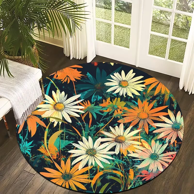 Vintage Oil Painting Sunflower Round Rug Floral Print Soft Non Slip Circle Carpet Farmhouse Botanical Home Round Rug For Bedroom