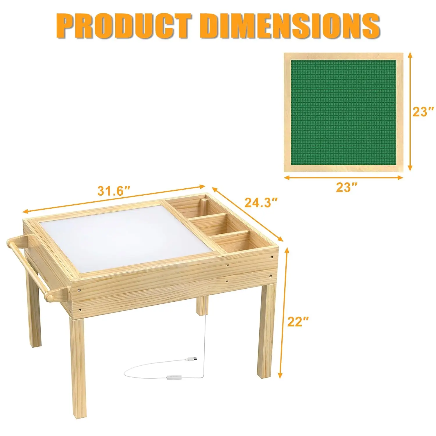 Sensory Activity Table with Storage, 3-in-1 Top for Brick Play Tracing & Art, LED Light Side Bins Paper Roll Holder Toddler 3+