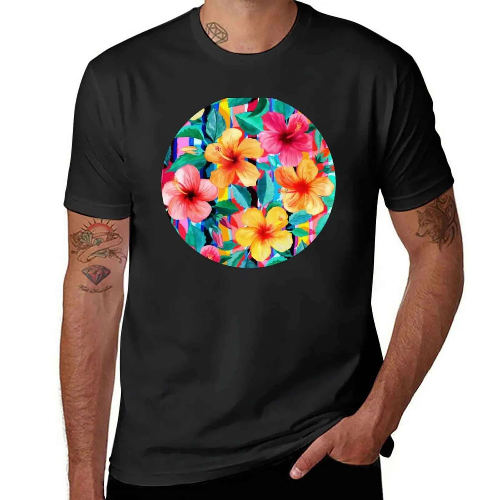 OTT Maximalist Hawaiian Hibiscus Floral with Stripes T-Shirt sublime Short sleeve tee new edition mens plain t shirts