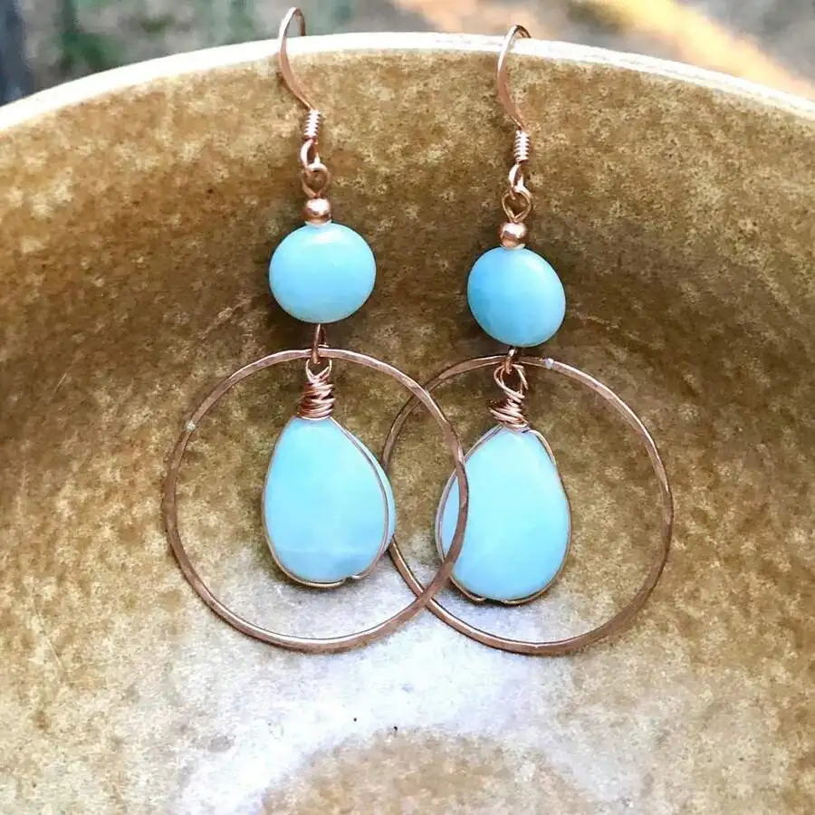 Pendientes de aro de piedra azul con alambre de cobre estilo bohemio para mujer, ligeros, hechos a mano, para uso diario
