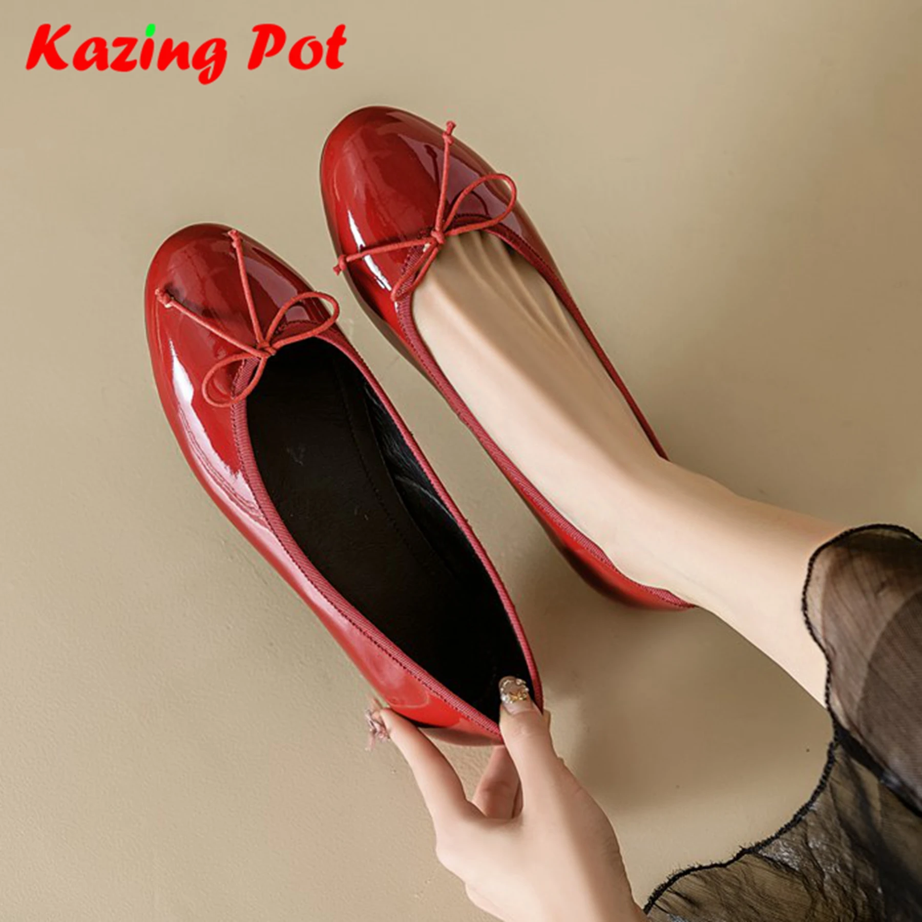 Krazing Pot Sheepskin Round Toe Women Summer Modern Street Wear Beauty Ballet Dancer Butterfly-knot Decoration Shallow Ins Flats