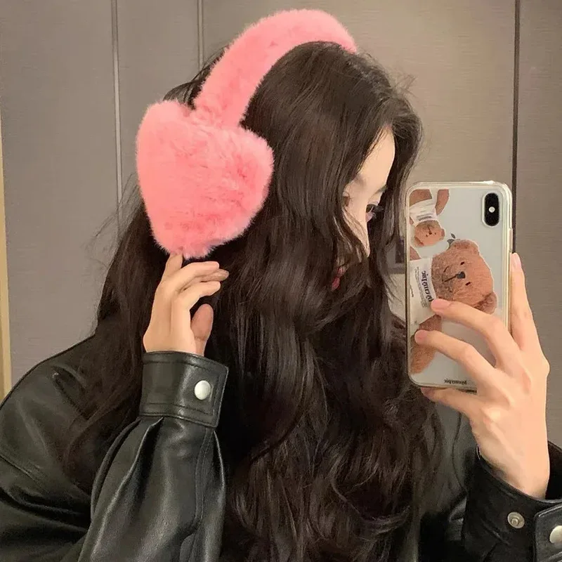 Y2k Korean Women Kawaii Pink Love Heart Earmuffs Winter Warm Thickened JK Ear Protection Cycling Earbags Accessories