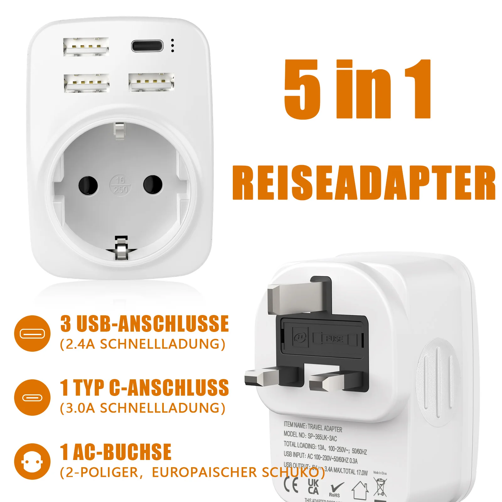 محول سفر شحن سريع متعدد الوظائف 5 في 1 مع واجهة شحن سريعة من النوع C + USB، مقبس محول طاقة من الاتحاد الأوروبي إلى المملكة المتحدة