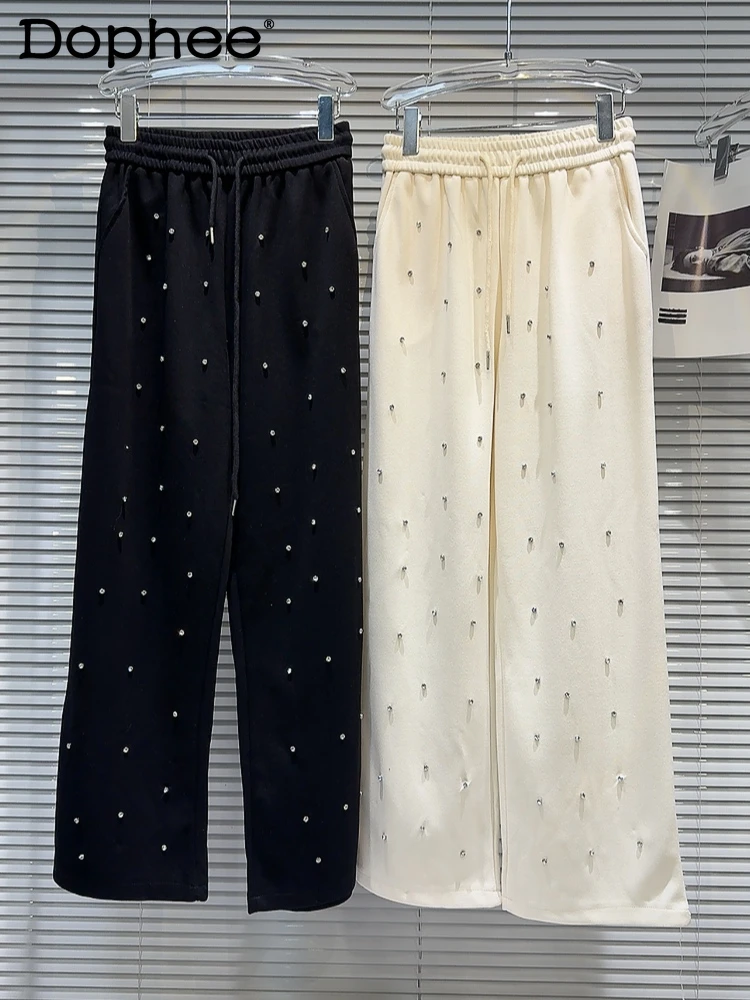 

Fashion Rhinestone Beaded Casual Pants 2024 Spring and Autumn New Drawstring Elastic Waist Solid Color Wide-Leg Pants Women