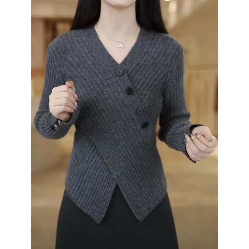 

Модный пуловер для женщин, универсальная нижняя рубашка с длинными рукавами, осенне-зимний новый свитер с разделенным воротником