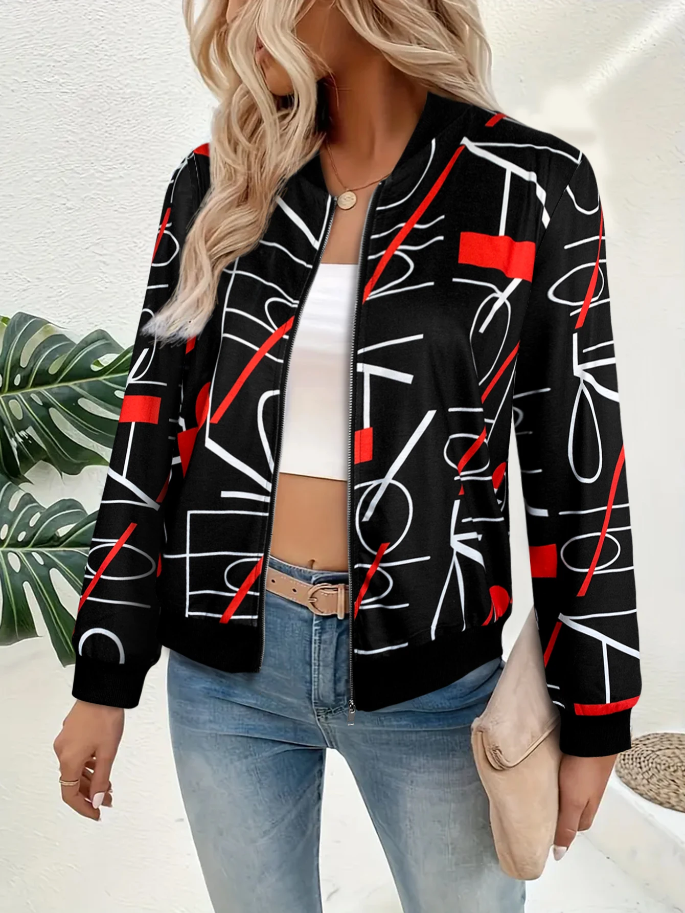 Women's abstract geometric printed baseball hoodie long sleeved zipper stand up collar casual lightweight jacket