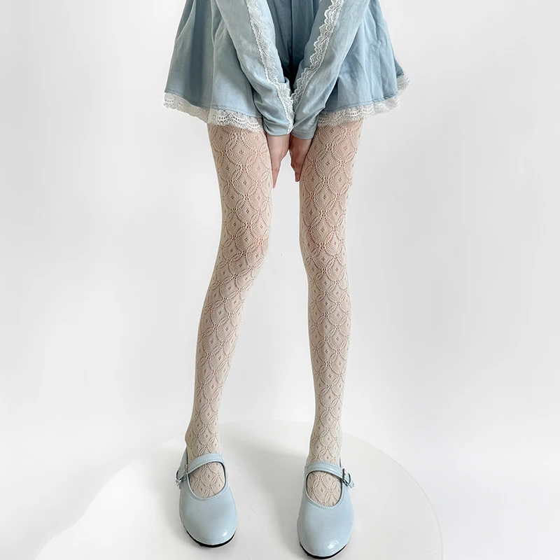Women Vintage Ring Jacquard Lace Hollow Out Pantyhose Y2K Retro Mesh Tights See Through Full Length Fashion Streetwear Stockings