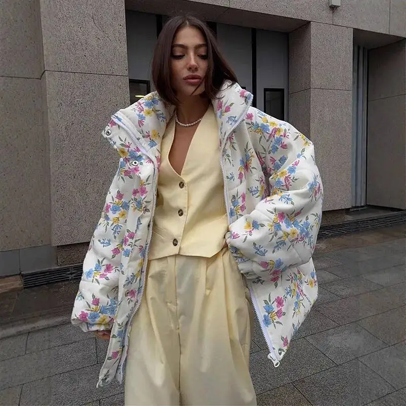 Veste élégante à col montant et manches longues zippée en coton rembourré pour femmes, imprimé, ample, hiver 2025, vêtements d'extérieur doux pour femmes