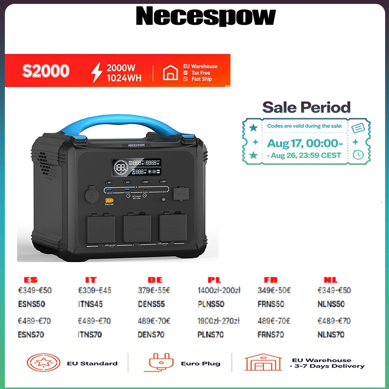 Necespow S2000 2000W Powerstation 1024Wh, Spitzenleistung 3000W, reine Sinuswelle, Aufladung von 0-80% in 1 Stunde, 3×AC + PD100W + QC3.0 + Zigarettenanzünderanschluss, Solar-/Auto-/AC-Ladung, leicht