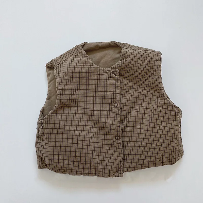 Neue Herbst Winter Kinder Plaid Ärmellose Jacke Jungen baumwolle gefütterte Westen Baby Mädchen Einreiher Weste Warme Mantel – Detail 7