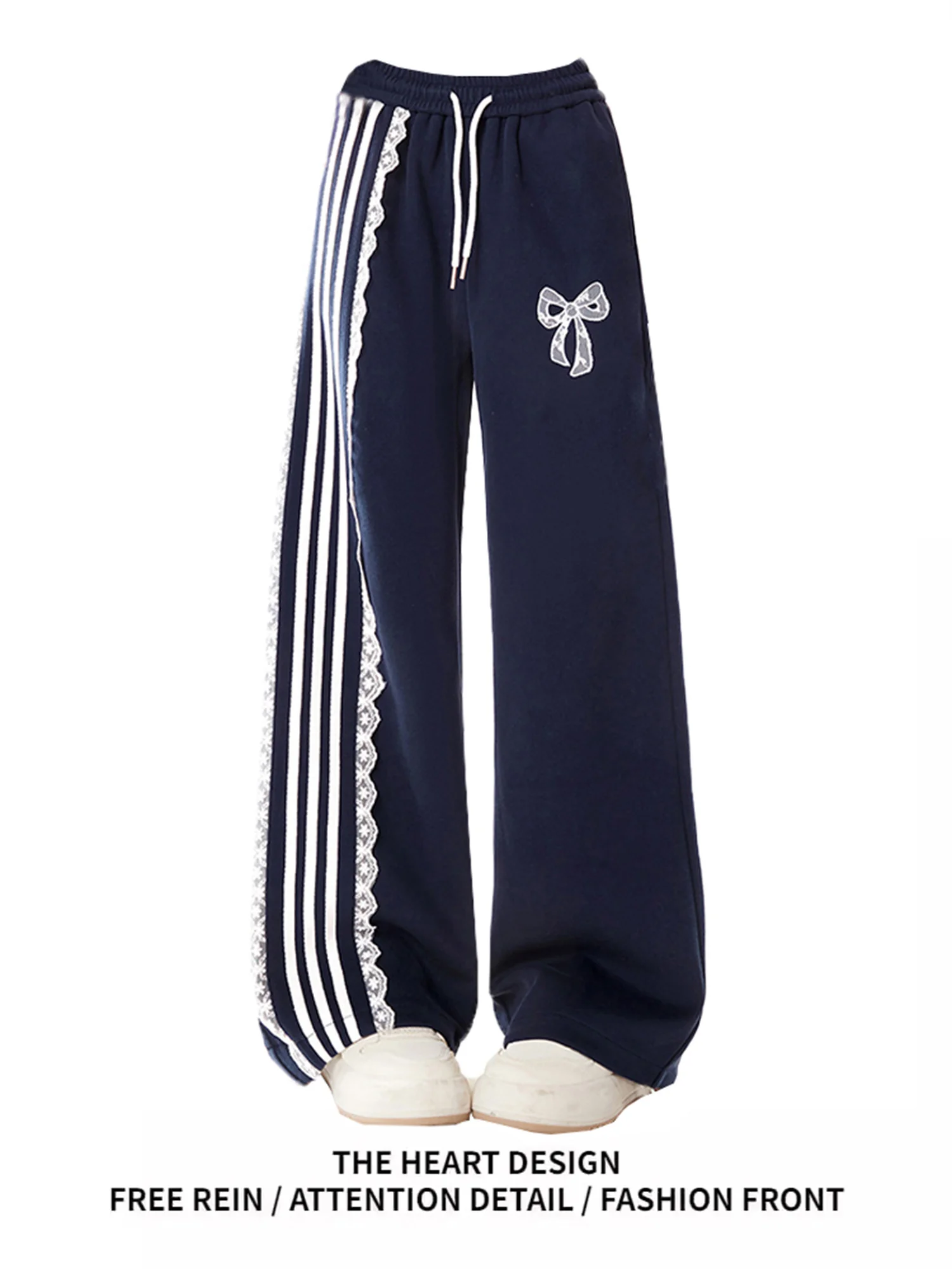 

Women's Y2K Wide Leg Sweatpants Side Stripes Lace Trim Bow Embroidery Drawstring Waist Streetwear Casual Trousers
