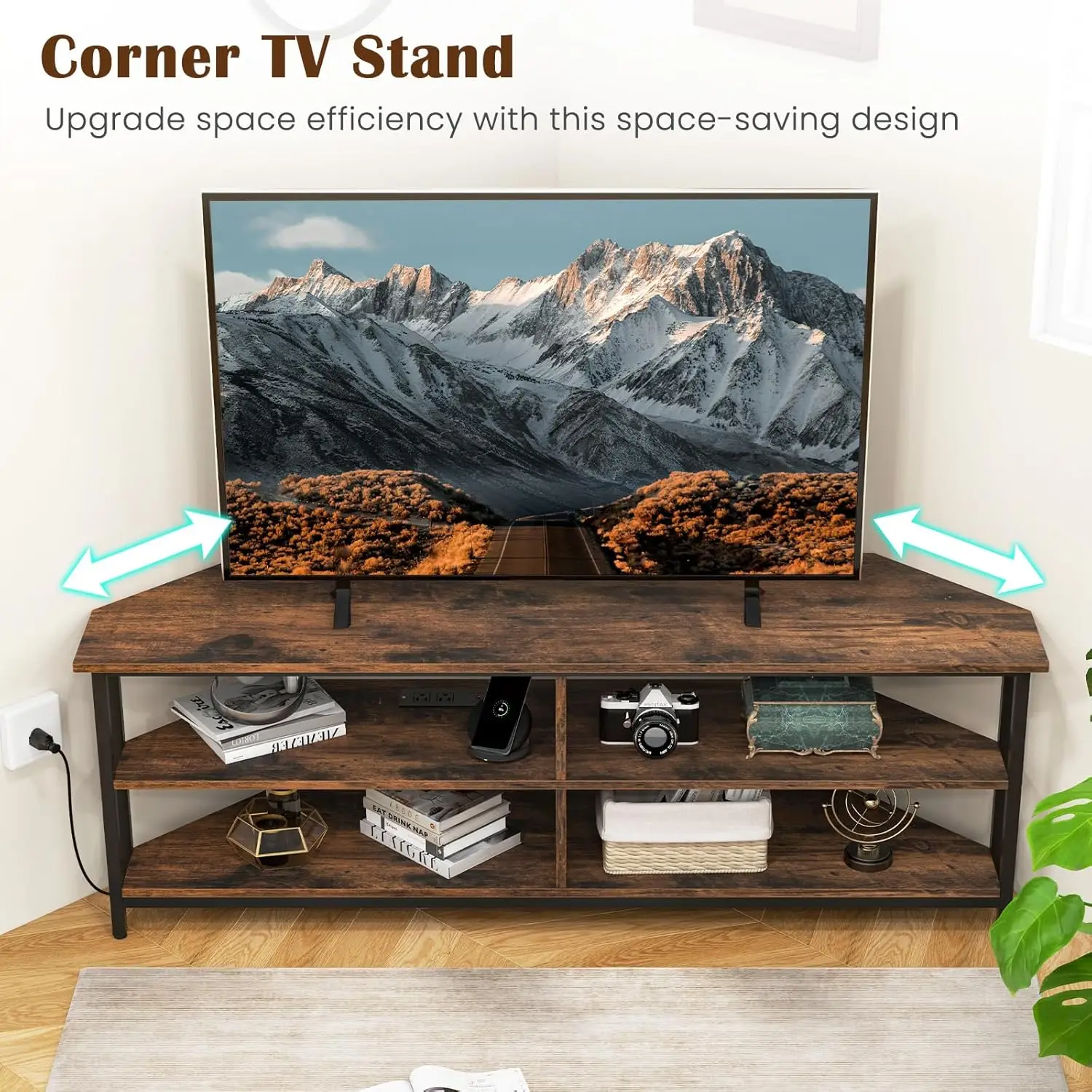 Corner TV Stand for TVs up to 65”, TV Console Table w/AC Outlets, USB A Ports, USB C Port, Metal Frame & Storage Shelves, 55" L