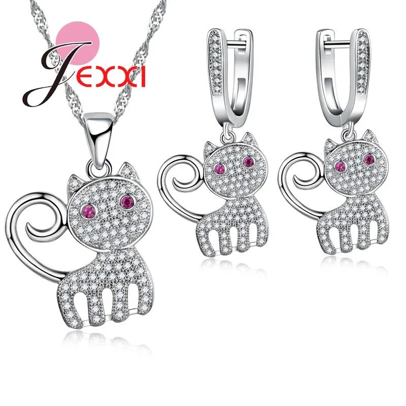 Top Quality Cute Cat Crystal 925 Sterling Silver  Jewelry Set For Female Women Necklaces Earrings Bridal Jewellery Sets