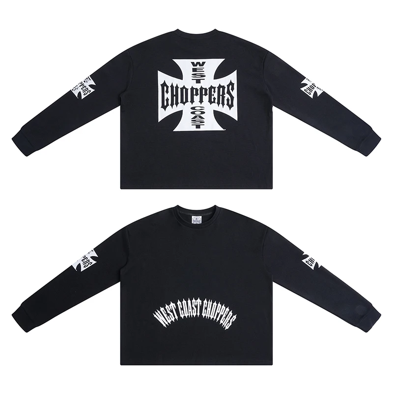 West Coast Long Sleeve High Street Iron Cross Print Vintage Washed Sanskrit Casual Long Sleeve Men Women
