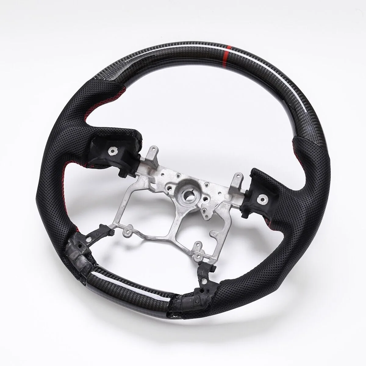 Carbon Fiber Steering Wheel Non-Heated Fit For Toyota Tundra Tacoma Prado 4Runner 2010-2023 Flat-Bottom with Red Top Stripe Red Stitching Racing Car Accessories